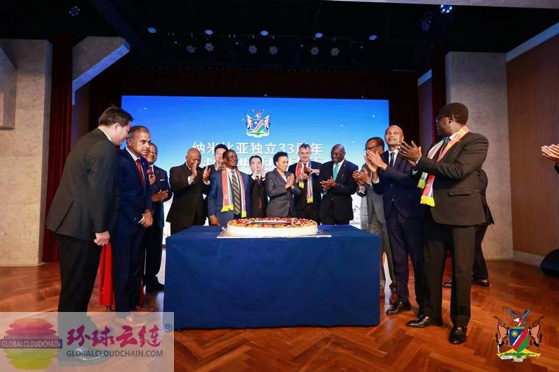 1納米比亞駐華大使伊萊亞·喬治·凱亞莫閣下與各國駐華大使、公使分享納米比亞獨立33周年國慶日紀念蛋糕,分享勝利日的喜悅與榮光!.jpg